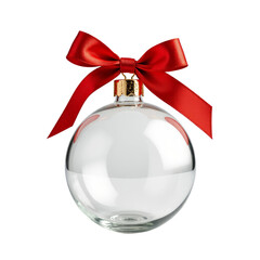 Clear glass Christmas ornament with a red bow, transparent background