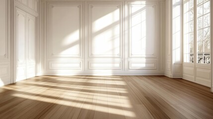 Fototapeta premium A bright, empty room with wooden flooring and elegant white walls, illuminated by soft sunlight streaming through large windows.