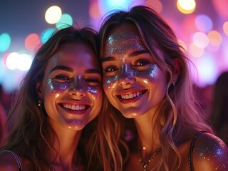 Fototapeta premium Festival Fun with Face Glitter and Laughter: A close-up of two young women at a music festival, their faces glowing with glitter and smiles, with a blurred background of colorful lights.
