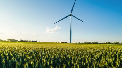 A smart wind turbine, field with turbine harnessing wind energy, Eco-tech style