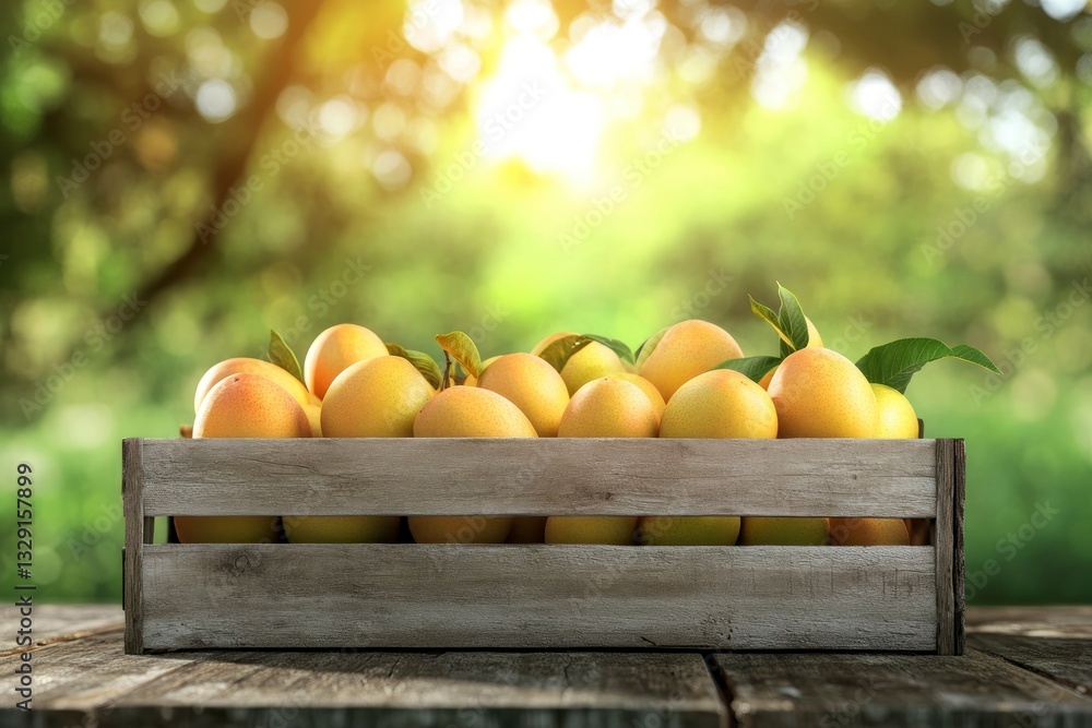 Poster grapefruit in wooden crate on rustic table with blurred sunny background