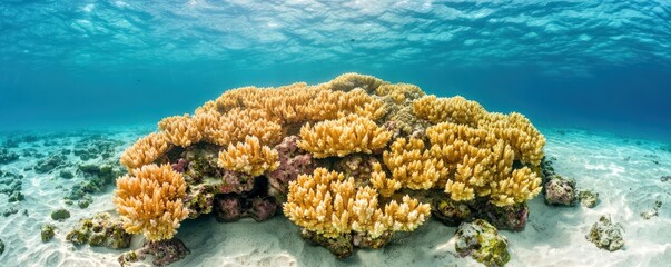 Naklejka premium Ecological impact wildlife recovery concept. Vibrant coral reef under crystal-clear water.