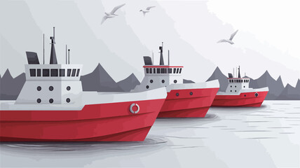 Fototapeta premium A digital illustration depicts three red and white ships in a minimalist style, rendered with low-polygonal geometry. The ships are positioned in a row, angled slightly to the right, against a