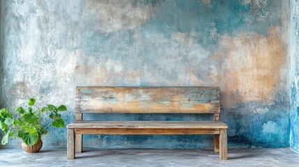 Rustic wooden bench against a textured blue wall.