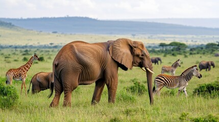 Fototapeta premium Ecological impact wildlife recovery concept. Elephant with zebras and giraffes in a grassy landscape.