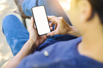 Mobile phone blank white screen mockup.texting using cell phone.background empty space for advertise.work people contact marketing business,technology
