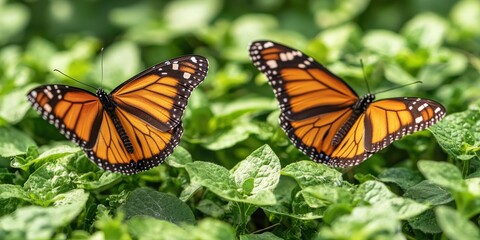 Fototapeta premium Ecological impact wildlife recovery concept. Two vibrant butterflies resting on lush green foliage.