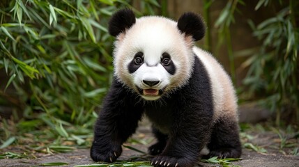 Fototapeta premium Ecological impact wildlife recovery concept. Panda cub exploring its lush green environment.