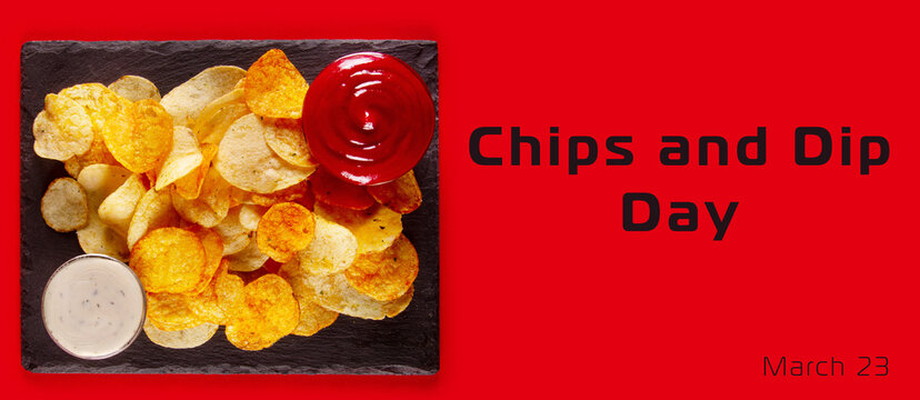 Potato chips with white and red dip sauce at the black slate serving board. Chips and Dip Day, March 23 - Powered by Adobe