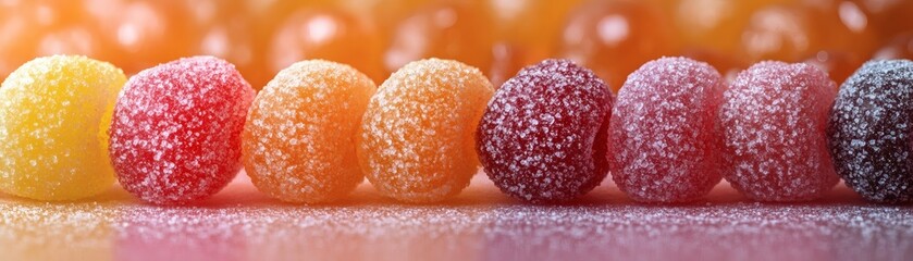 a line of colorful jelly candies, arranged in a row, are displayed. each candy has a sugared surface, with each piece displaying different colors
