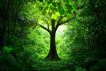 Obraz premium Tall Tree in Lush Green Jungle Forest with Sunlight