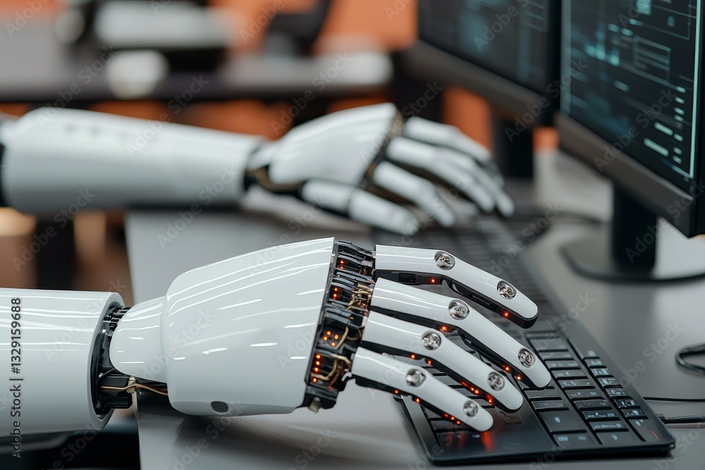 Poster hybrid workplace digital productivity concept robotic hand typing on a keyboard with computer screen