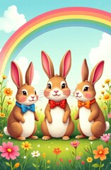 Fototapeta premium cute cartoon rabbits with colorful bow ties sitting in vibrant flower field under rainbow. springtime joy, playful nature poster. children's book illustration, greeting card