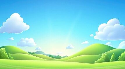 Obraz premium A vibrant landscape featuring rolling green hills under a bright blue sky with fluffy clouds, evoking a sense of tranquility and natural beauty.