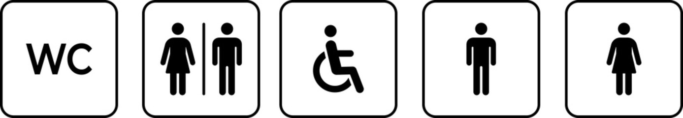 Toilet icon. WC sign. Printable sticker of toilet symbol sign with woman wc man handicapped baby icons. Restroom bathroom and change room sign. WC door plate symbol illustration.