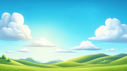 Obraz premium A vibrant landscape featuring rolling green hills, a clear blue sky, and fluffy clouds, evoking a serene and peaceful atmosphere.
