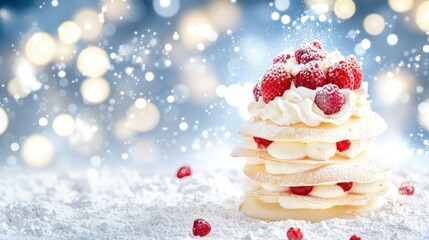 Festive Dessert Delight: A delectable meringue tower layered with fresh raspberries and whipped cream sits in a winter wonderland of snow and sparkling bokeh lights.