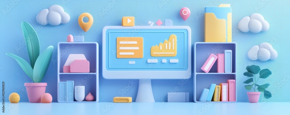 Poster creative workspace design digital monitor with charts in a stylish office environment