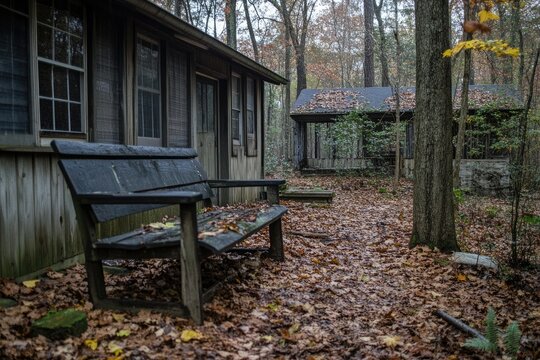 Rustic cabins in a fall forest. A weathered wooden bench sits on a path lined with fallen leaves