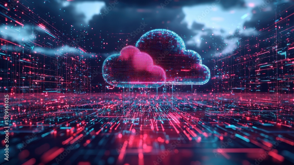 Poster aerial view of cloud data visualization infographics in a futuristic digital environment