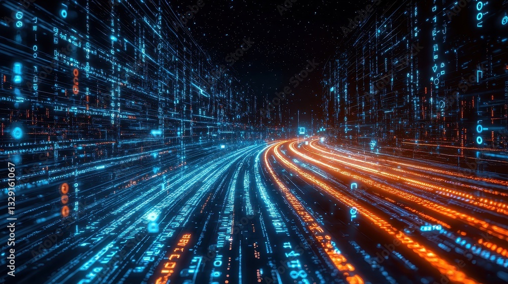 Poster dynamic digital pathways a journey through data streams in futuristic landscapes