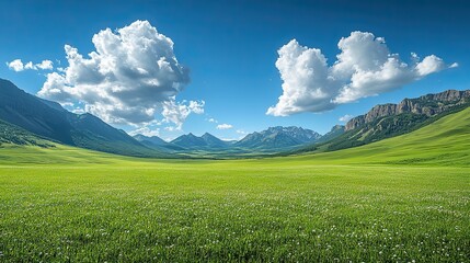 Obraz premium Under a vibrant blue sky, fluffy white clouds dot a serene landscape of gently rolling green hills stretching towards majestic mountains.