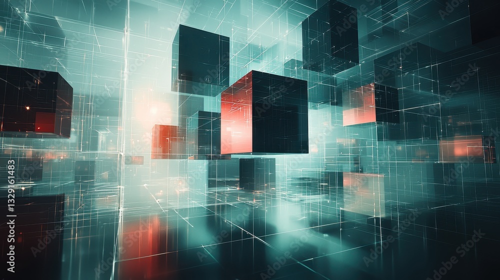Poster futuristic digital cubes floating in abstract space virtual environment 3d visualization