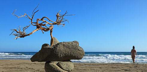 árbol seco zen yoga bailando entre piedras sobre fondo de cielo azul con mujer nudista en una playa de almería 4M0A4123-as25