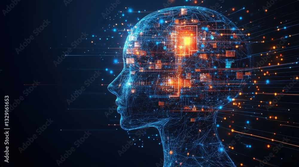 Poster futuristic graphic design integrating innovative technology and artificial intelligence