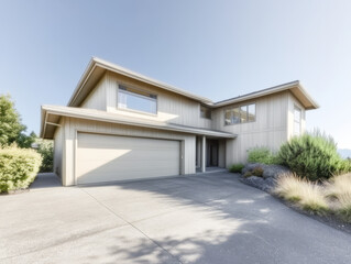 Fototapeta premium Modern house exterior with driveway and greenery during daylight