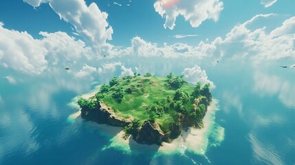 Enchanting Fantasy Green Island Flying Weightlessly in Air