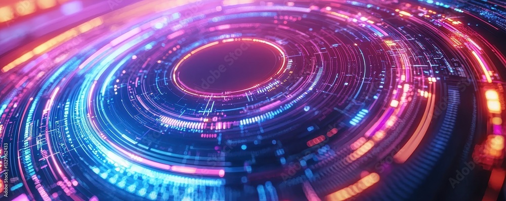 Poster exploring futuristic vibes dynamic digital circles representing tech innovations in abstract art