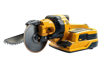 Fototapeta premium A Powerful Cordless Reciprocating Saw, Ready For Action, Shows Its Precision Cutting Blade And Dust-covered Yellow Casing Against A Stark Isolated on Transparent Background
