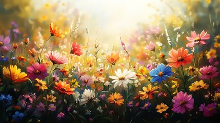 Expansive field of blooming flowers, modern botanical landscape, vibrant colors of nature, soft sunlight, lush greenery, ultrasharp realistic details