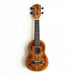 Naklejka premium Detailed Ukulele With Intricate Engravings on a White Backdrop Displaying Fine Musical Craftsmanship
