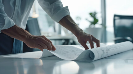 Architect or engineer working on blueprint in office