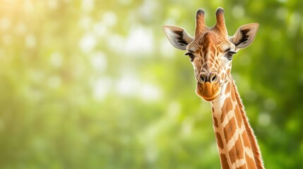 Obraz premium Serene Giraffe Portrait: A close-up portrait of a giraffe against a lush green backdrop. The giraffe's patterned coat and long neck showcase the beauty of the animal, bathed in soft sunlight.