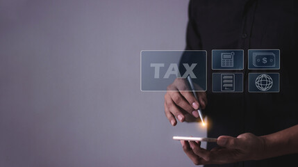 Man using smartphone to Tax online internet network, Tax Time, Offers online tax refund forms for paying taxes, Submitting tax forms online, Signing taxes online, Managing taxes via the internet