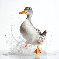 Duck Splashing in Water with Orange Feet Detail on White Background Standing Proud Wildlife Scene