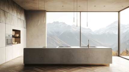 Modern mountain kitchen, island, panoramic view