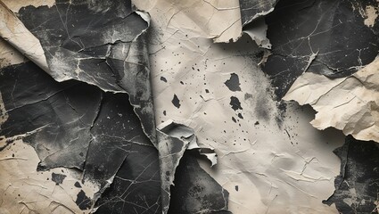 Textured layers of torn paper reveal contrasting shades of black, white, and gray, showcasing age and wear in a compelling abstract composition. This design captures visual depth