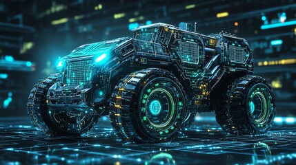 Fototapeta premium Futuristic mining vehicle with advanced AI technology, surrounded by digital grid patterns, neon blue and green lights, automated processes, sleek and modern design