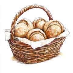 Fresh Bread Rolls in Woven Basket Display with Delicate Light and Shadow Composition Art Piece