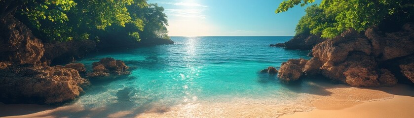 Fototapeta premium a stunning view of a secluded beach, with crystal-clear turquoise water and lush green foliage surrounding the sandy shore