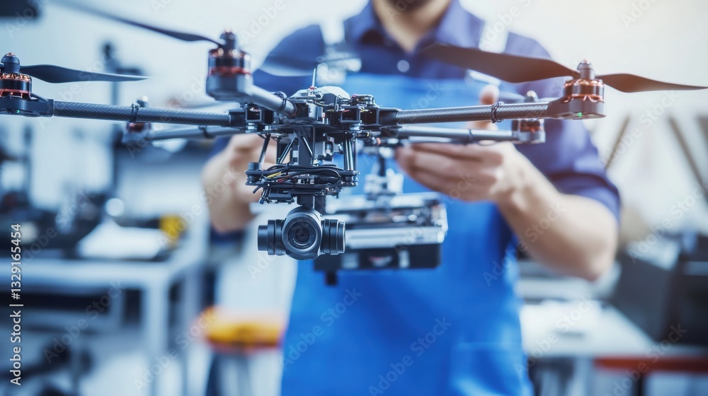 Wall mural a technician assembling a drone, visible propellers and drone components, clean workshop background