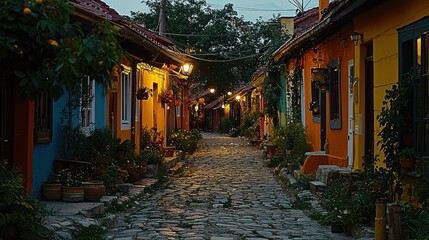 Fototapeta premium Colorful European alleyway at twilight, with flowers and street lamps