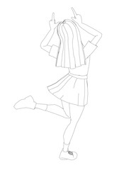 A girl is drawing a picture of a girl with her hands up in the air. The girl is wearing a white skirt and a white shirt