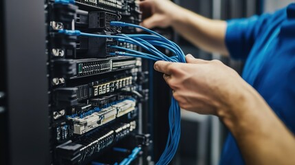 A technician connecting cables to a server rack, visible cable management and server components, clean data center background