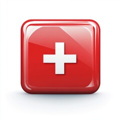 Obraz premium Glossy Red Square Icon with White Plus Symbol Medical Health Concept on a White Isolated Background