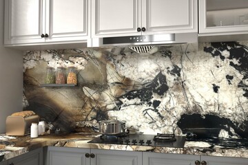 Close up view of kitchen interior, dark countertop and full height backsplash, utensil on stove, wooden chopping board and other bottle of spices, white and gray storage cabinets. 3D Rendering